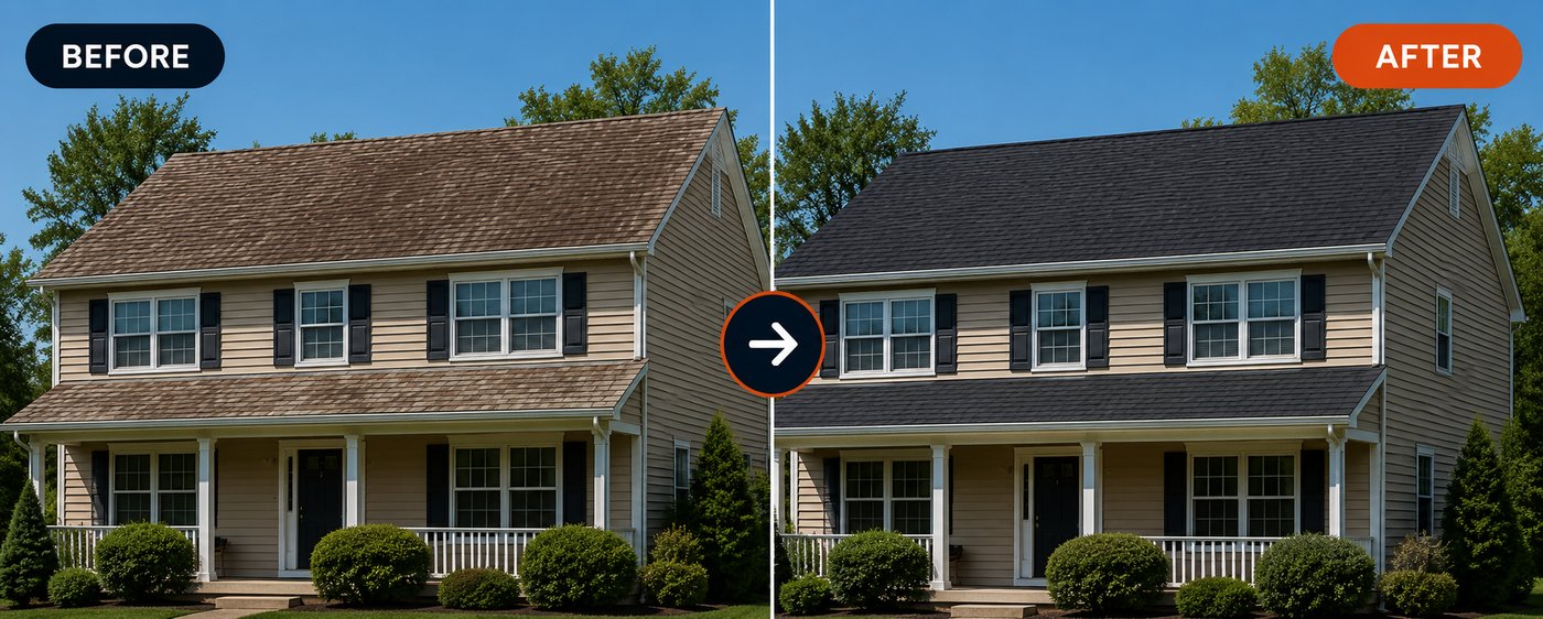 Before: the same house with a worn, faded roof. After: a crisp new roof.