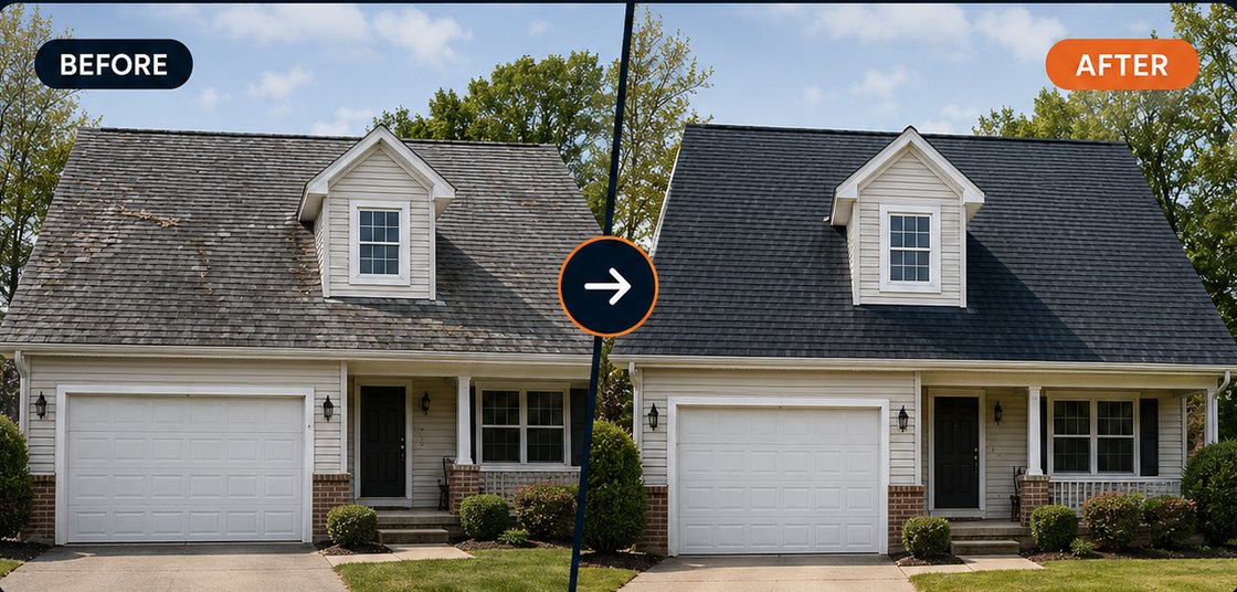 Before: the same house with worn, patchy shingles. After: a crisp new roof.