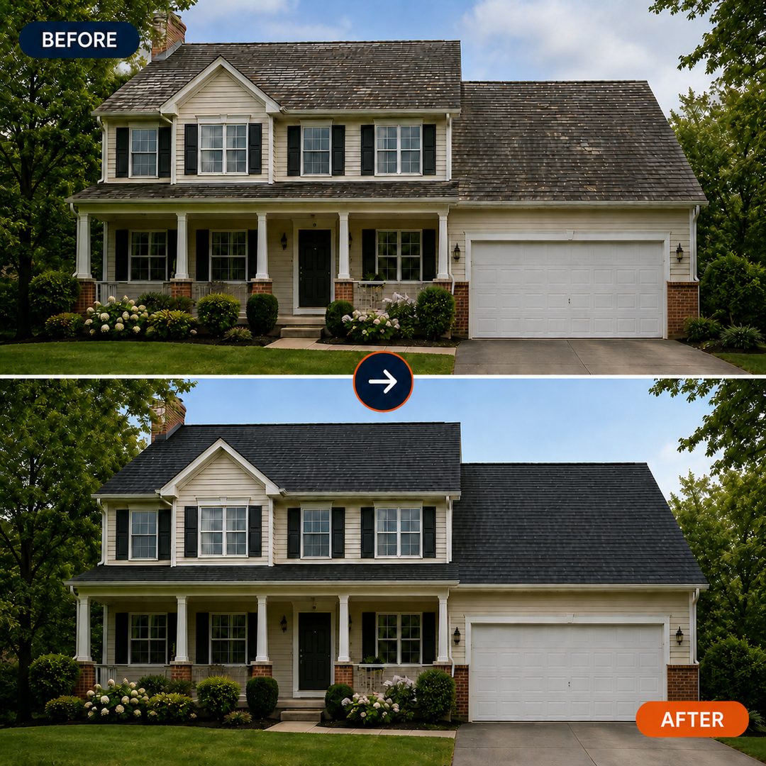 Before: a tired roof dulling the whole house. After: a full curb-appeal reset.