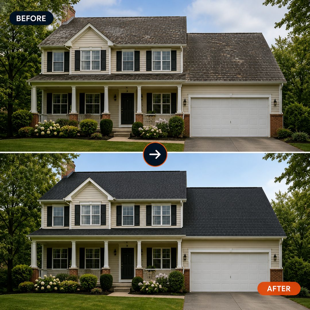 Before: a tired roof dulling the whole house. After: a full curb-appeal reset.