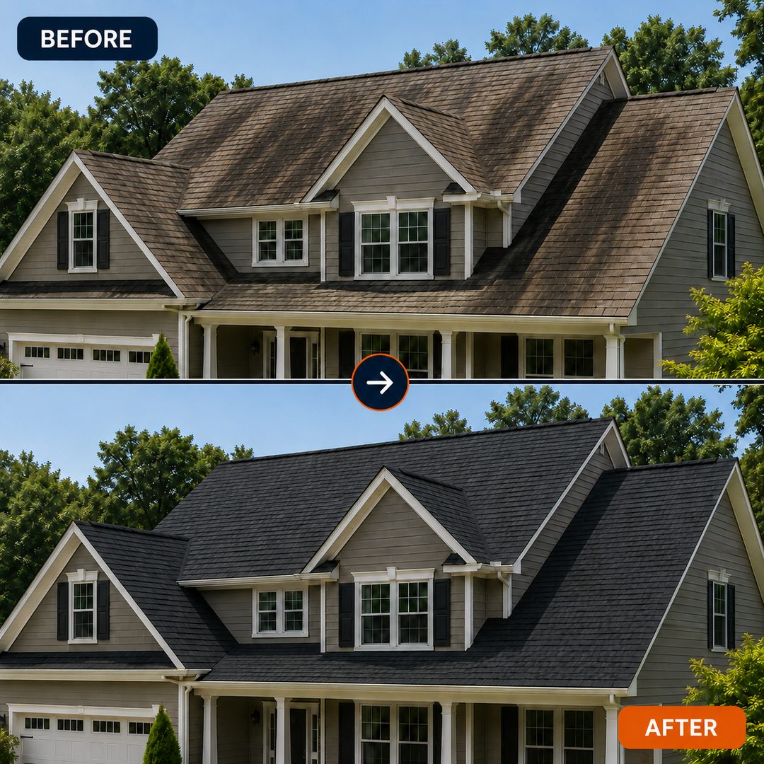 Before: a faded, streaked roof. After: a crisp charcoal roof.