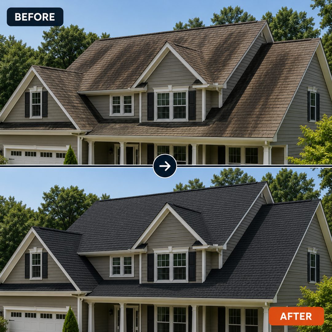 Before: a faded, streaked roof. After: a crisp charcoal roof.