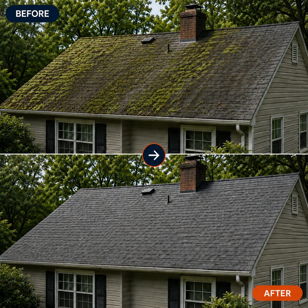 Before: heavy moss and algae covering the roof. After: a clean, renewed roof.