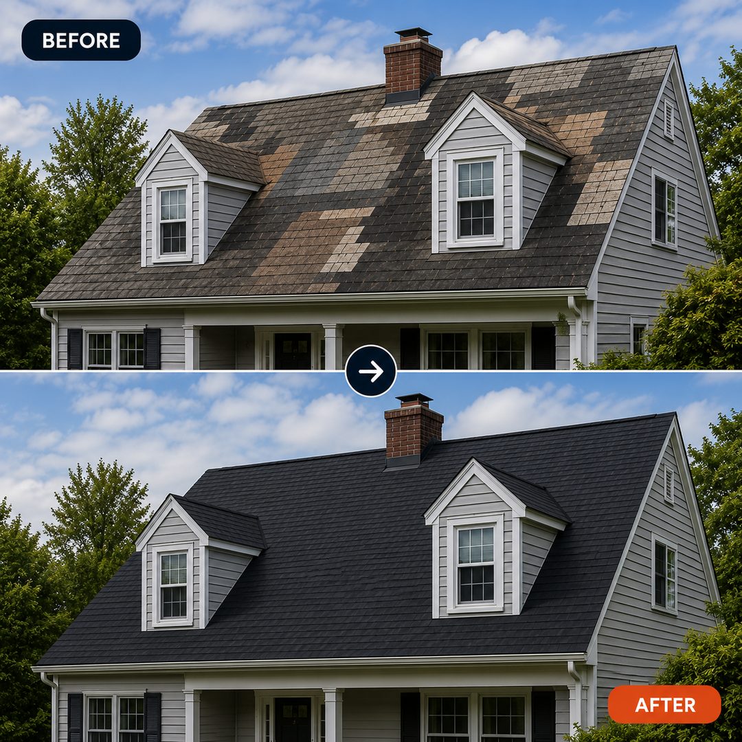 Before: mismatched patchwork shingle repairs. After: one clean, uniform roof.