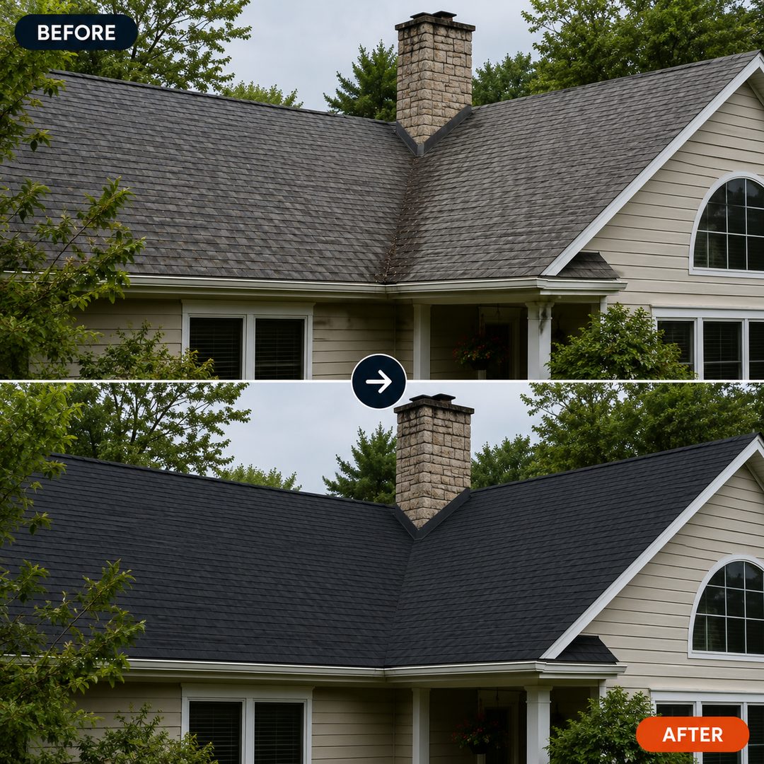 Before: a weathered, aging roof. After: a brand-new roof.