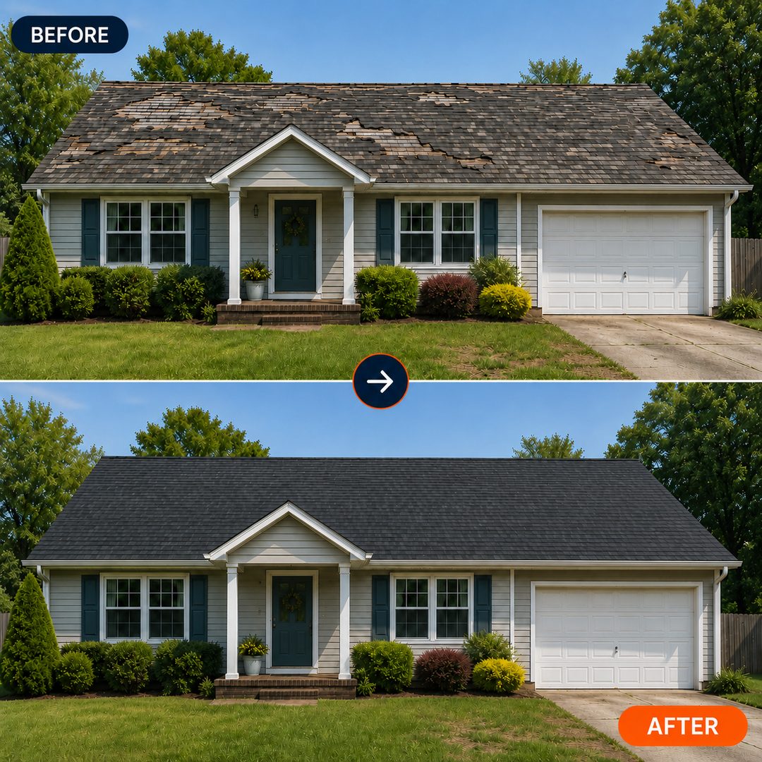 Before: curling, worn shingles with bare patches. After: a fresh, uniform roof.