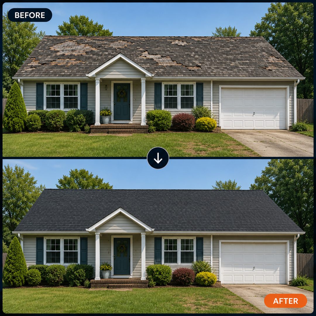 Before: curling, worn shingles with bare patches. After: a fresh, uniform roof.